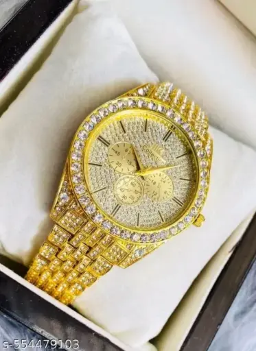 New daimond work gold colour premium quality analog watch for men's